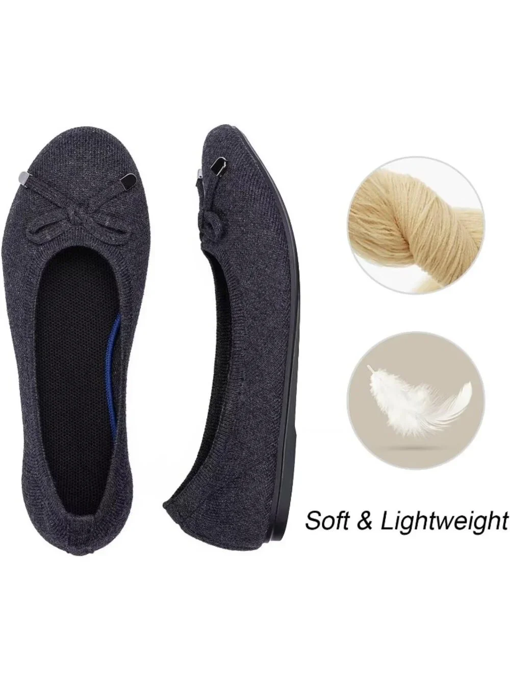 Women's Dark Grey Round Toe Knit Low Wedge Slip On Ballerina Ballet Flat Shoes